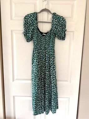 Abercrombie & Fitch Green Floral Puff-Sleeve Midi Dress Size S